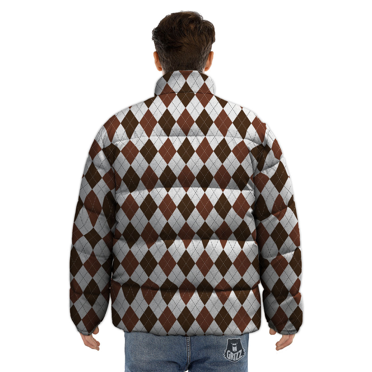 Argyle White And Brown Print Pattern Puffer Jacket-grizzshop