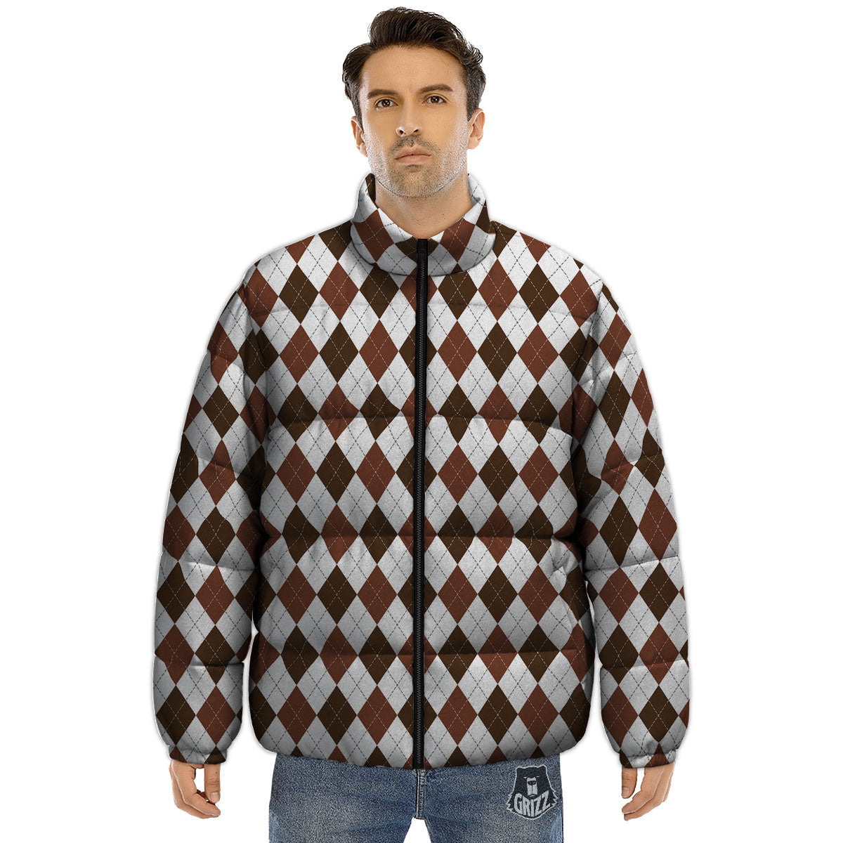 Argyle White And Brown Print Pattern Puffer Jacket-grizzshop