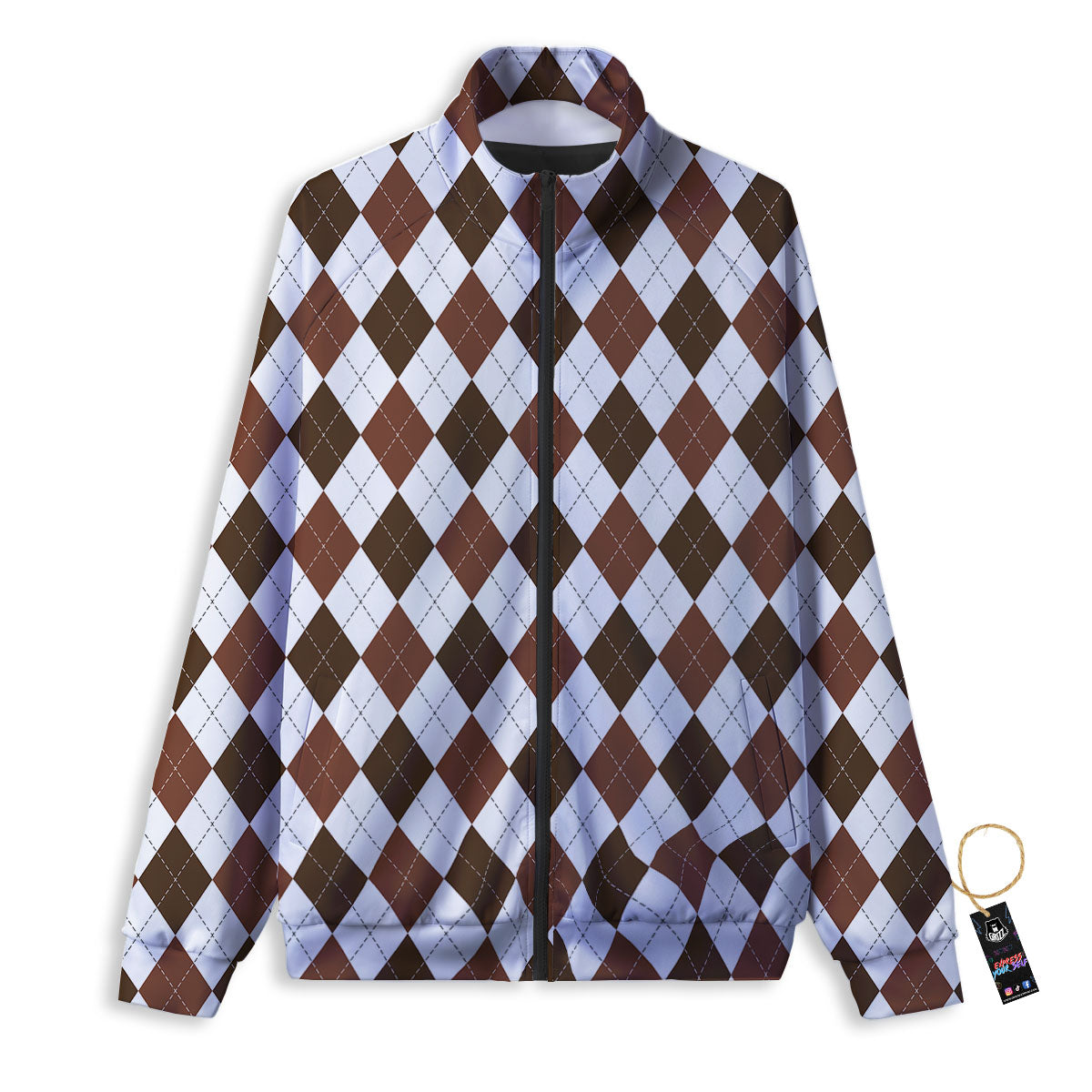 Argyle White And Brown Print Pattern Track Jacket-grizzshop