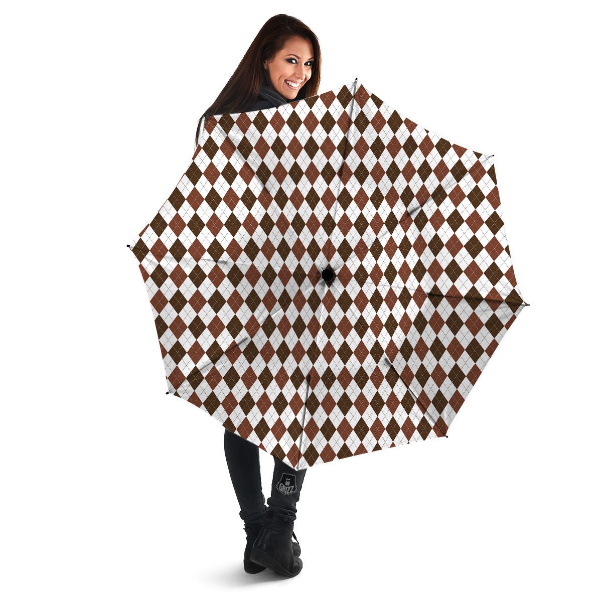 Argyle White And Brown Print Pattern Umbrella-grizzshop