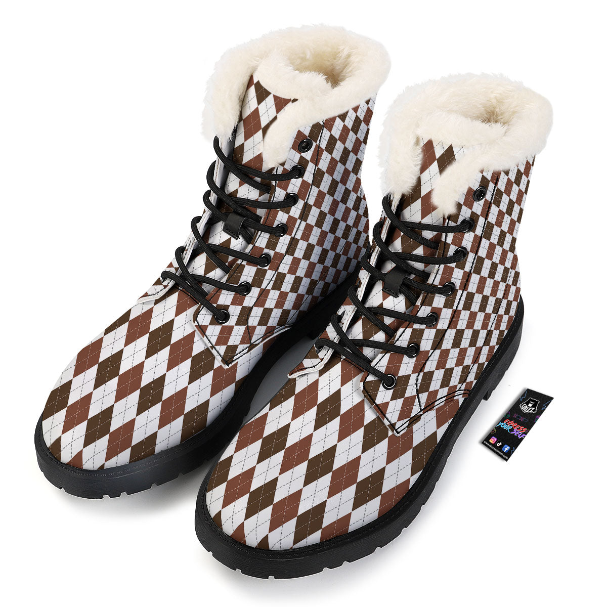 Argyle White And Brown Print Pattern Winter Boots-grizzshop