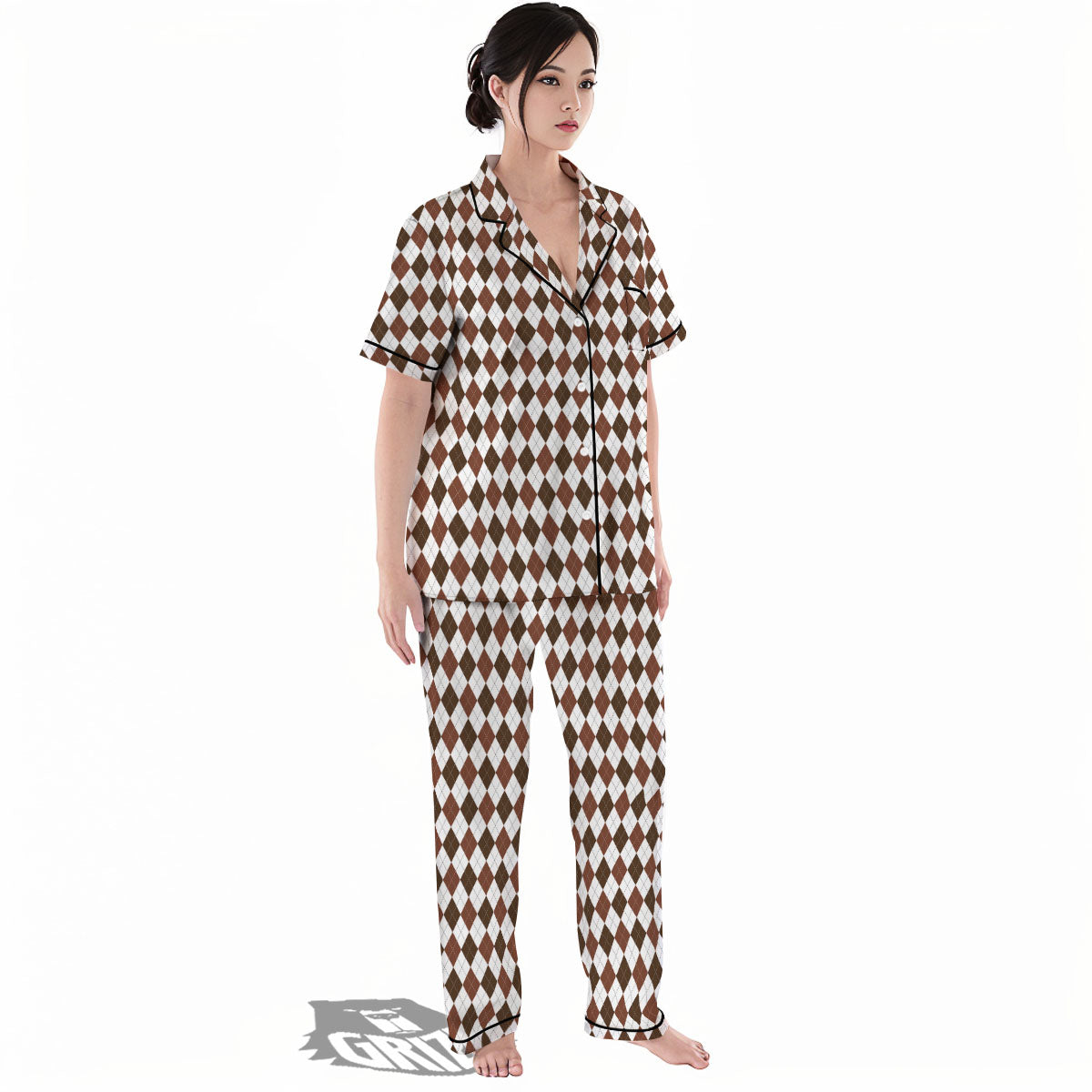 Argyle White And Brown Print Pattern Women's Pajamas Set-grizzshop