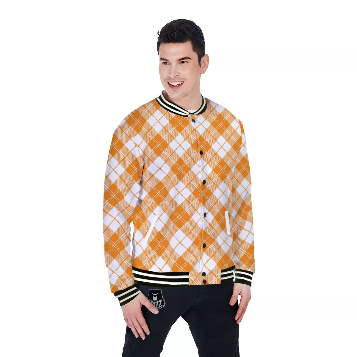 Argyle White And Orange Print Pattern Baseball Jacket-grizzshop