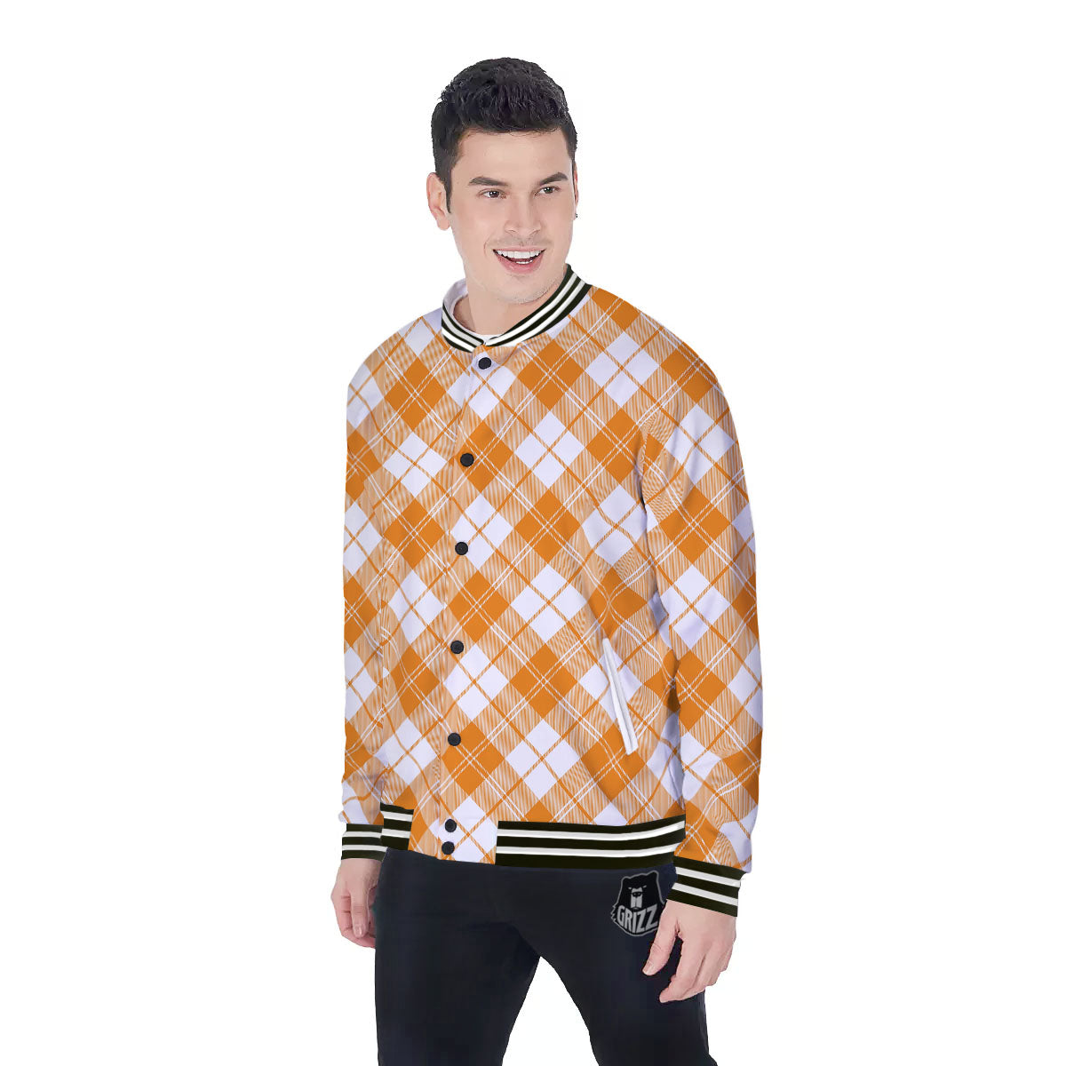 Argyle White And Orange Print Pattern Baseball Jacket-grizzshop