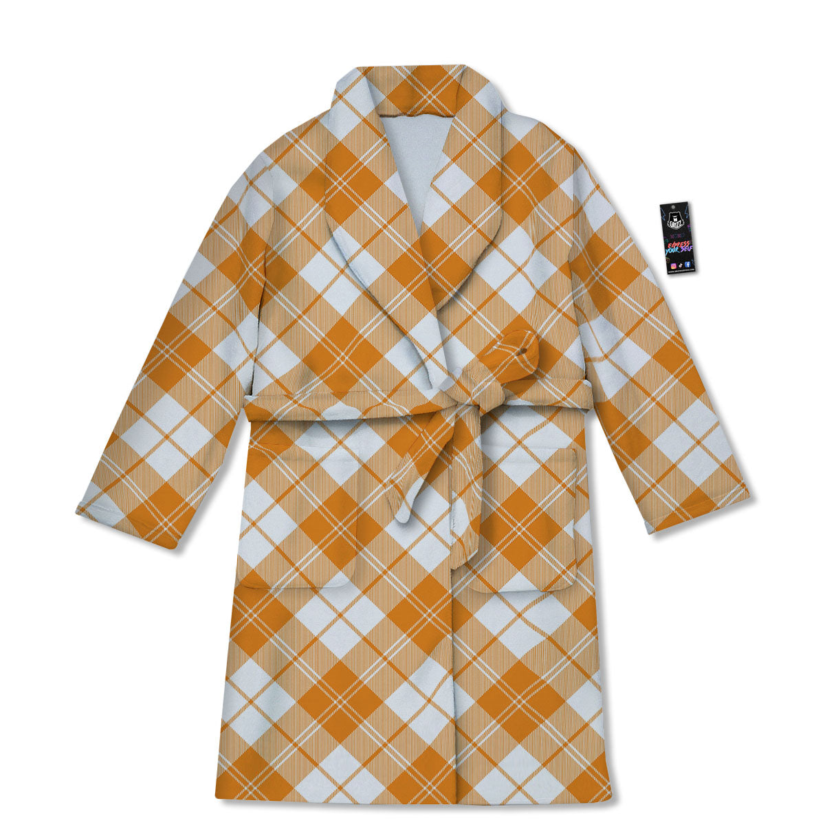Argyle White And Orange Print Pattern Bathrobe-grizzshop