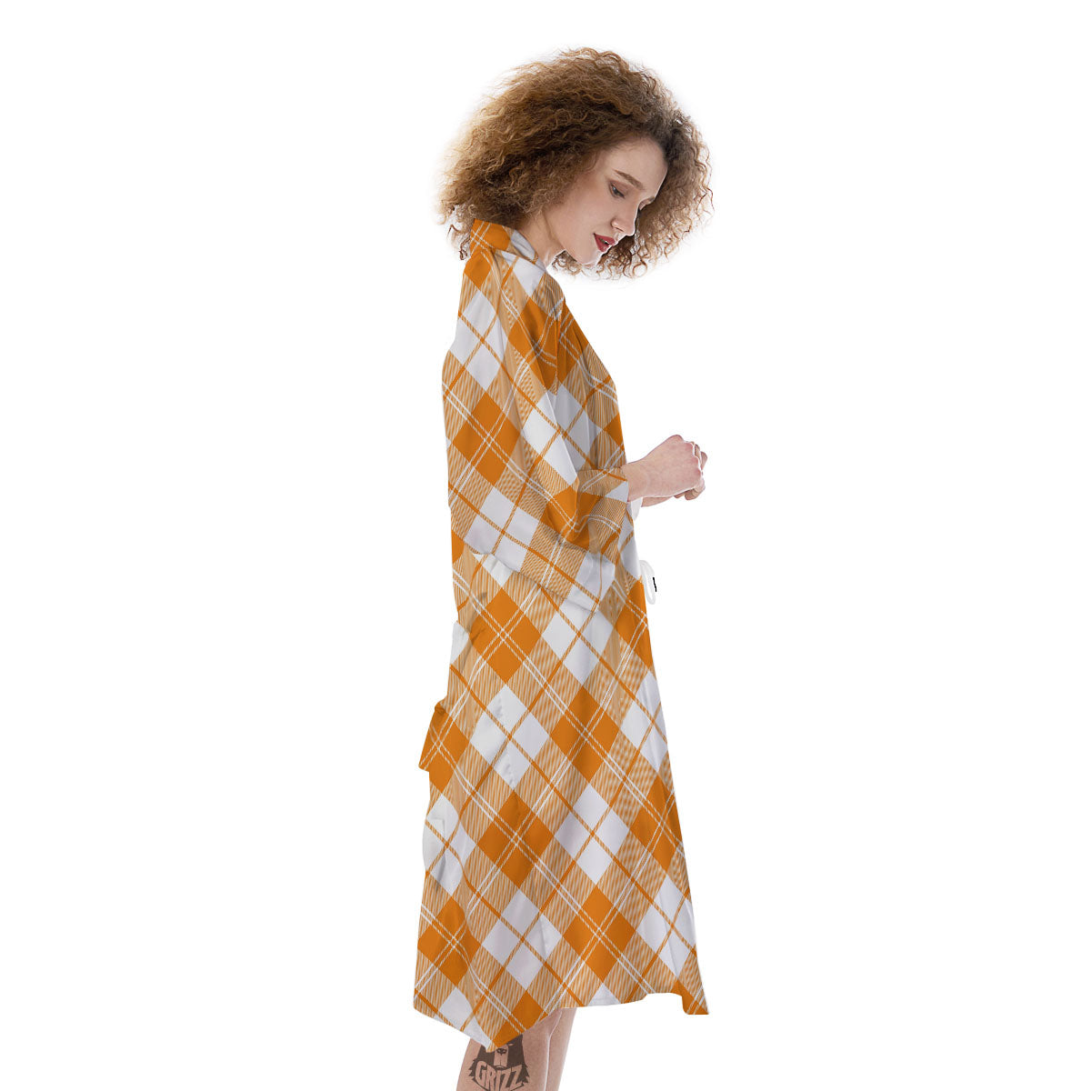 Argyle White And Orange Print Pattern Kimono-grizzshop