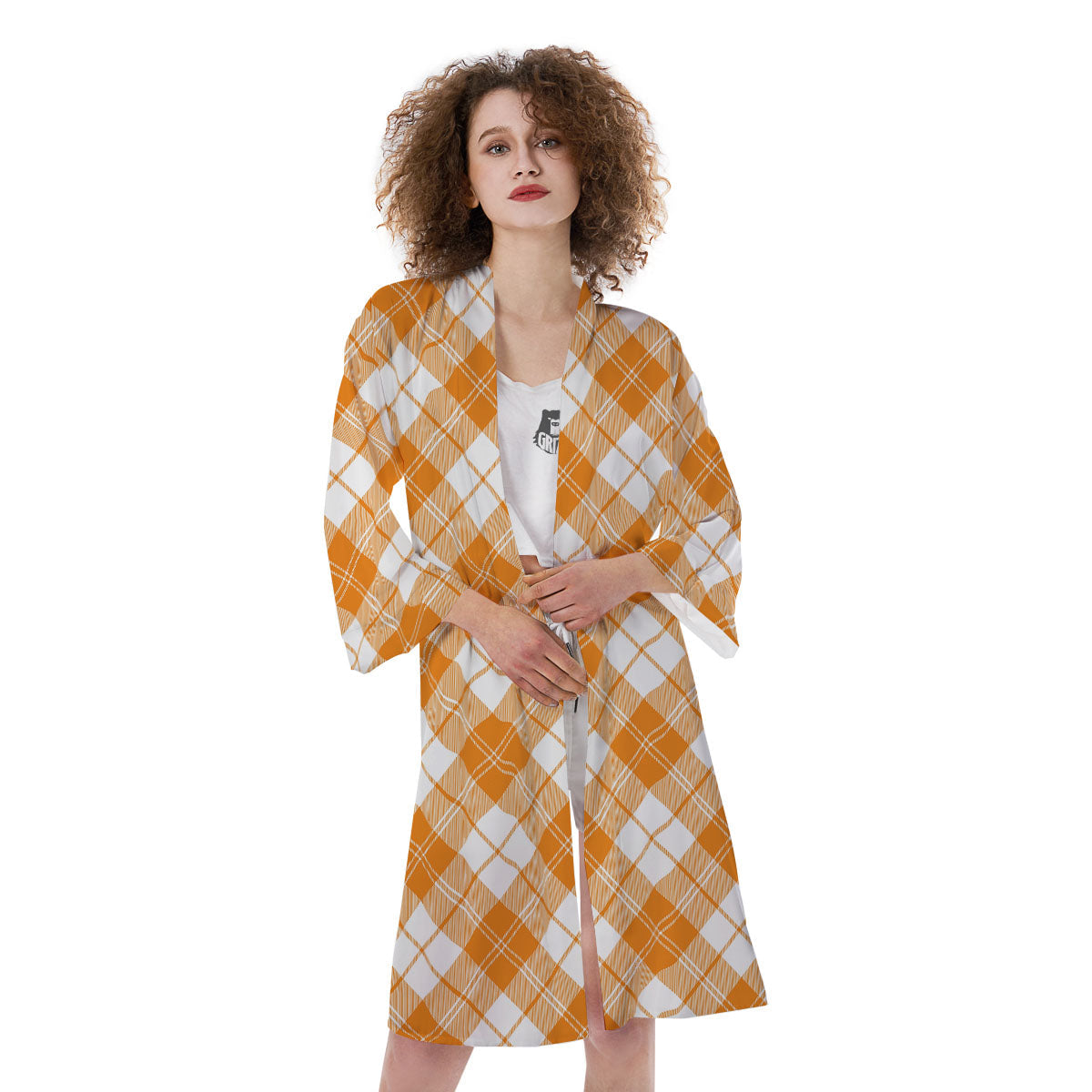 Argyle White And Orange Print Pattern Kimono-grizzshop