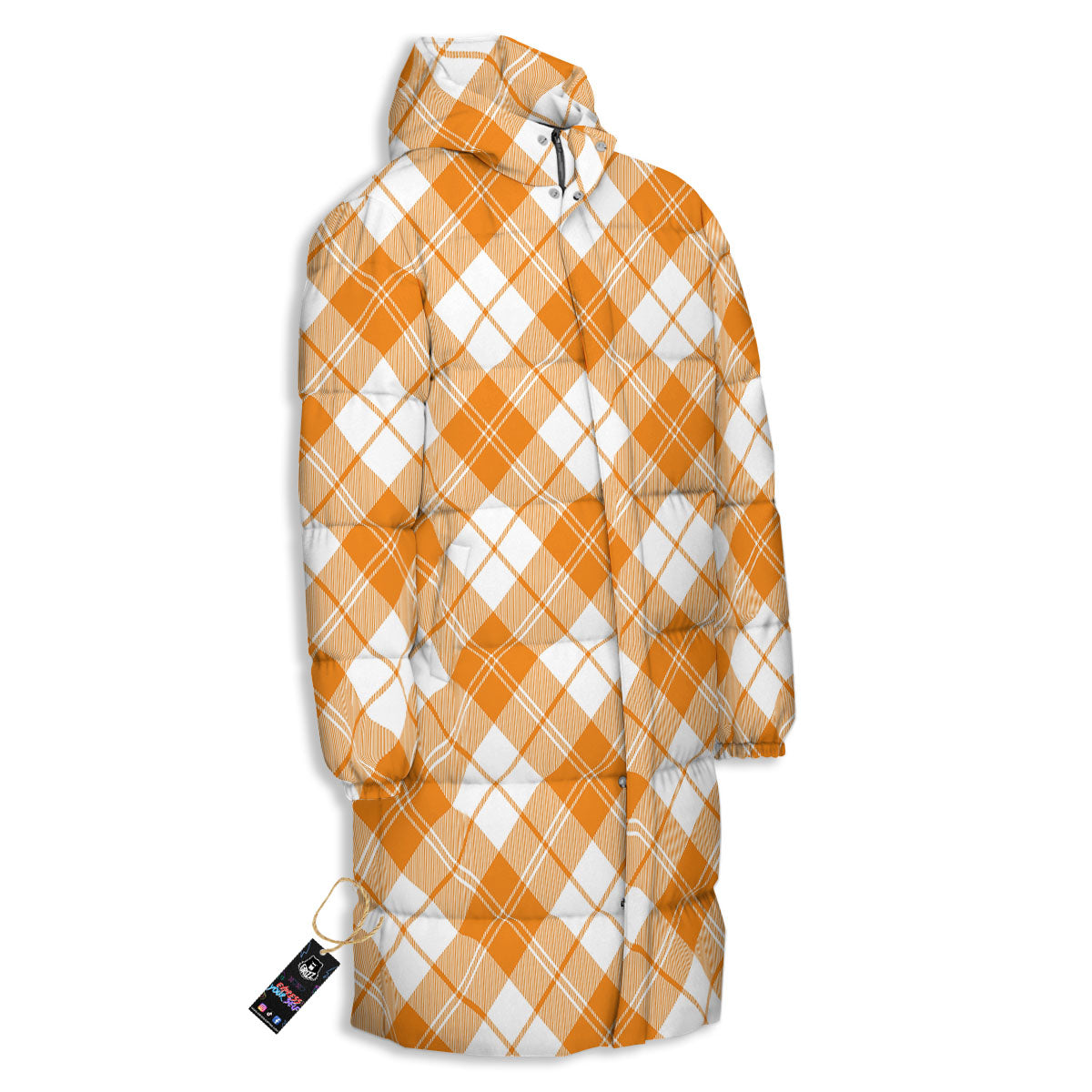 Argyle White And Orange Print Pattern Long Down Jacket-grizzshop