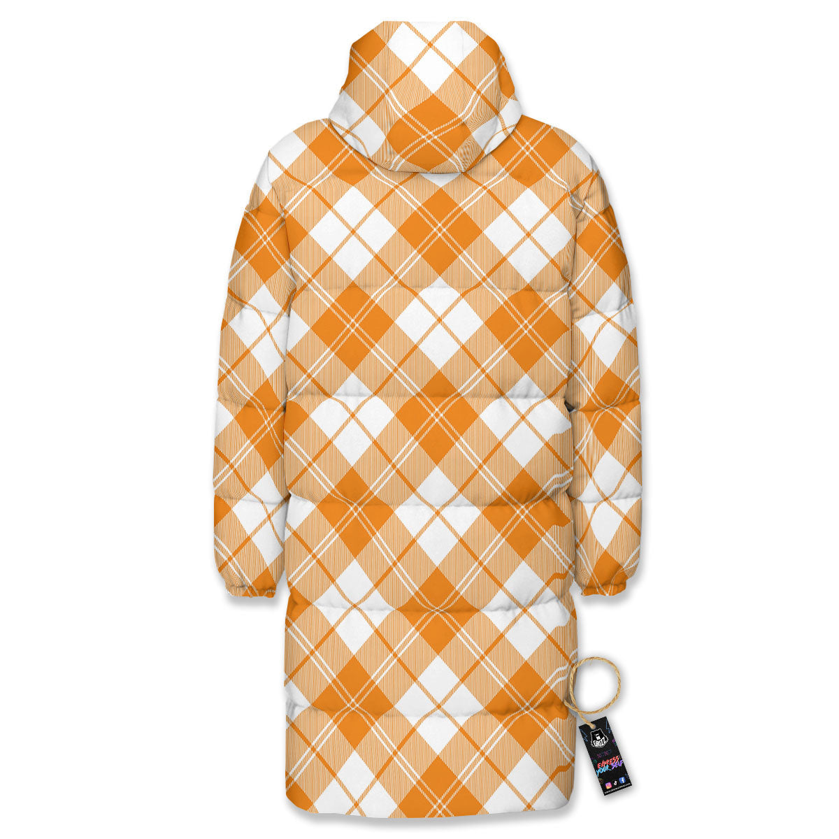 Argyle White And Orange Print Pattern Long Down Jacket-grizzshop