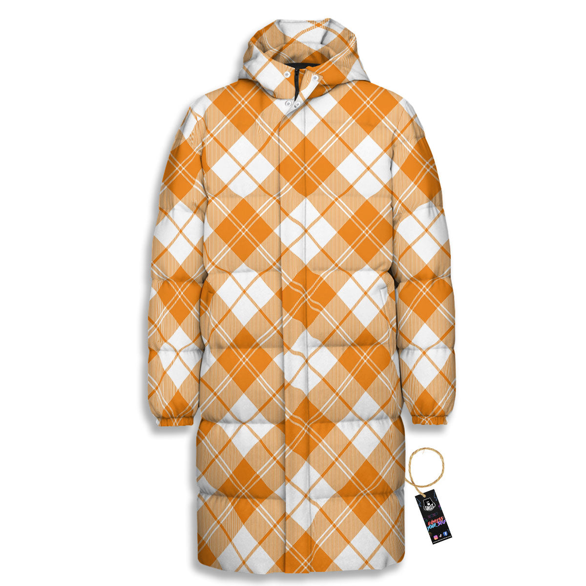 Argyle White And Orange Print Pattern Long Down Jacket-grizzshop