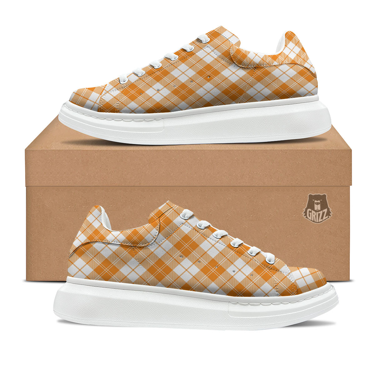 Argyle White And Orange Print Pattern Platform Shoes-grizzshop