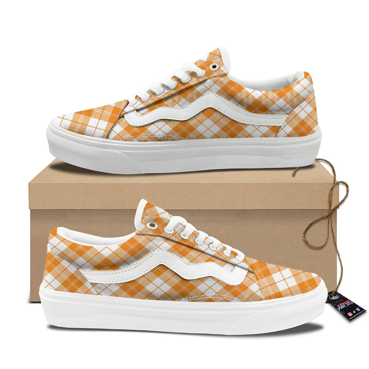 Argyle White And Orange Print Pattern Skate Shoes-grizzshop