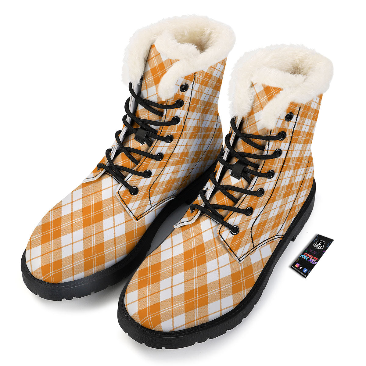 Argyle White And Orange Print Pattern Winter Boots-grizzshop