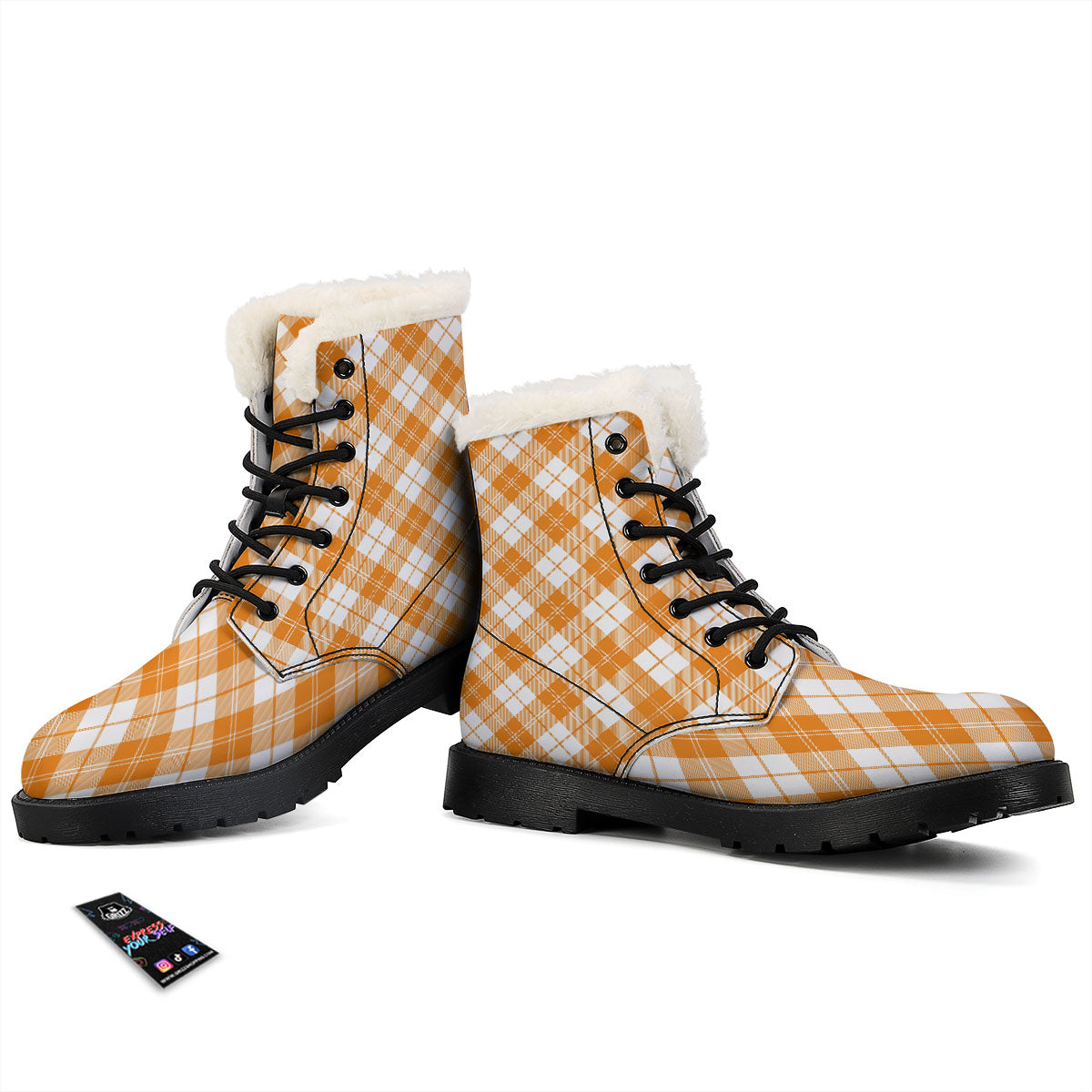 Argyle White And Orange Print Pattern Winter Boots-grizzshop