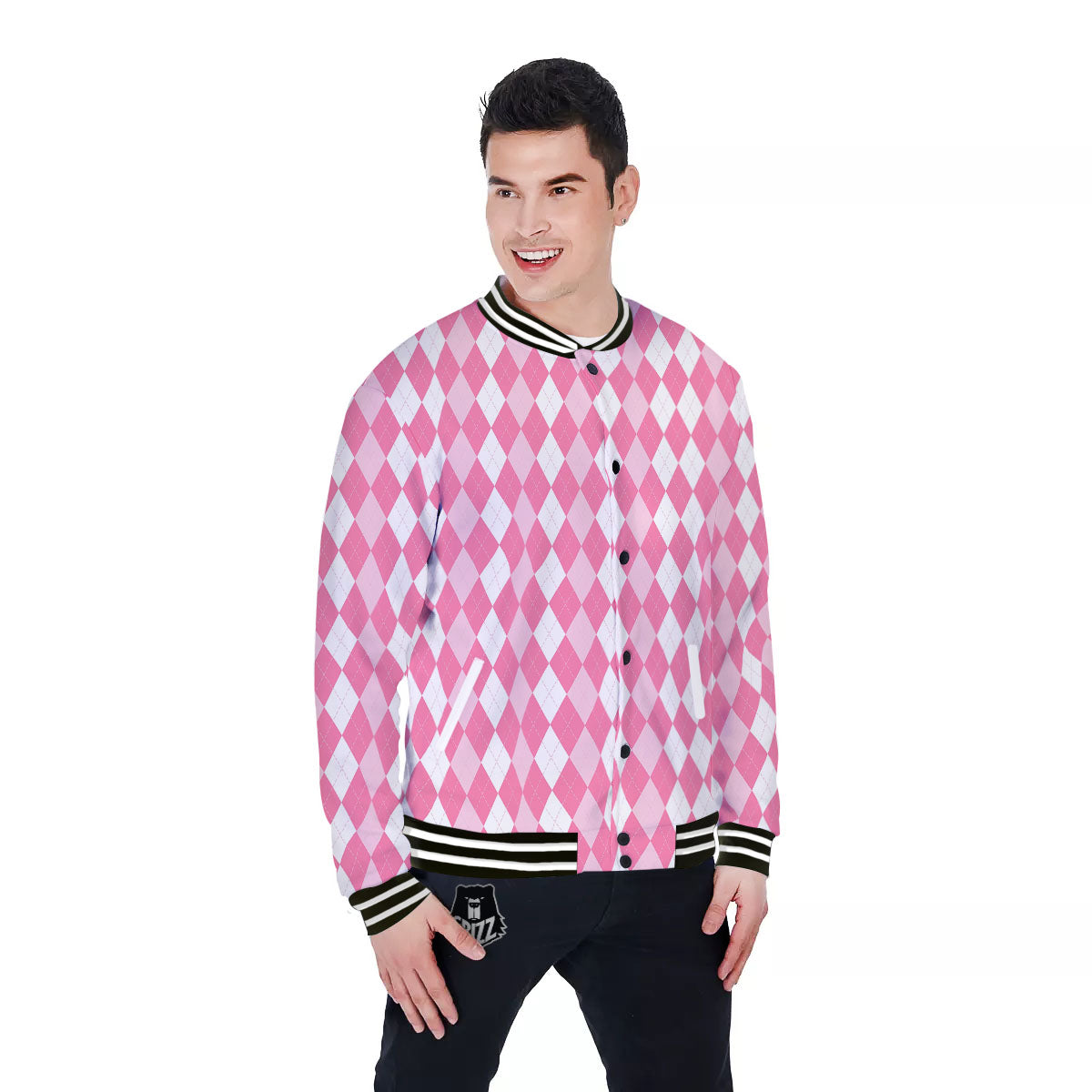 Argyle White And Pink Print Pattern Baseball Jacket-grizzshop