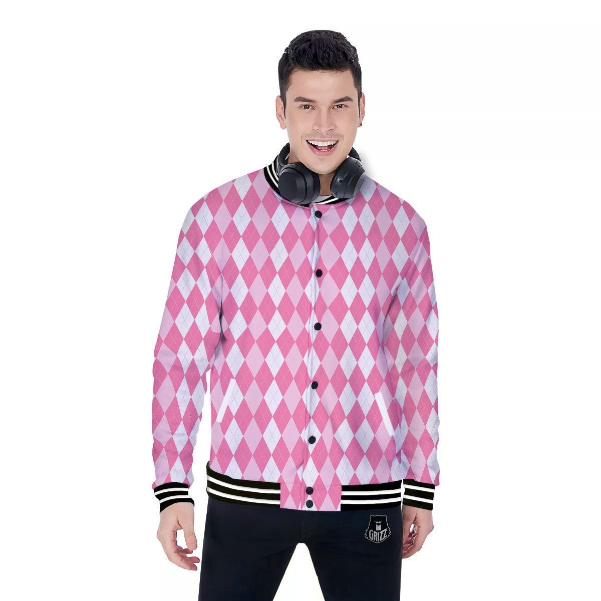 Argyle White And Pink Print Pattern Baseball Jacket-grizzshop