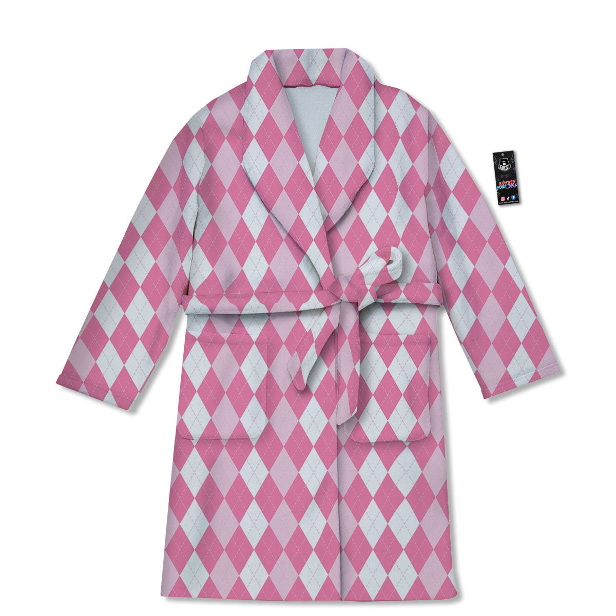 Argyle White And Pink Print Pattern Bathrobe-grizzshop