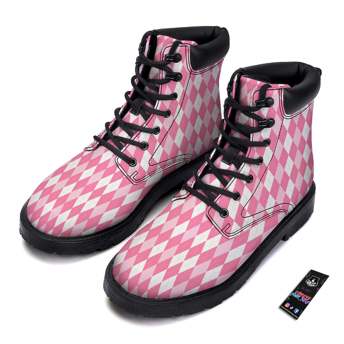 Argyle White And Pink Print Pattern Boots-grizzshop