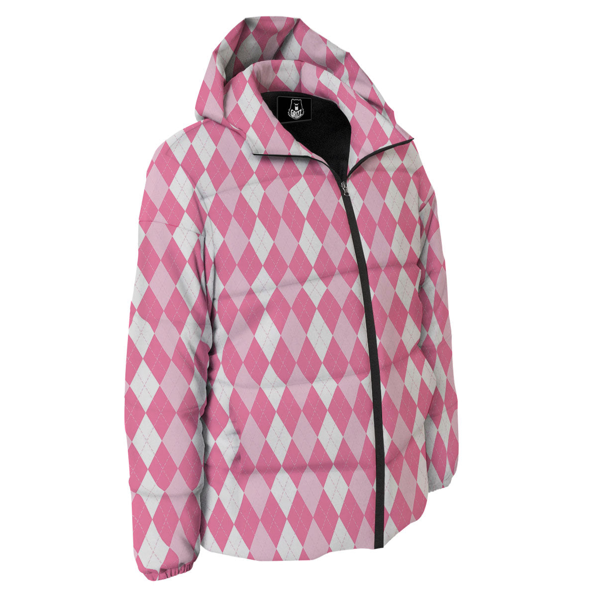 Argyle White And Pink Print Pattern Down Jacket-grizzshop
