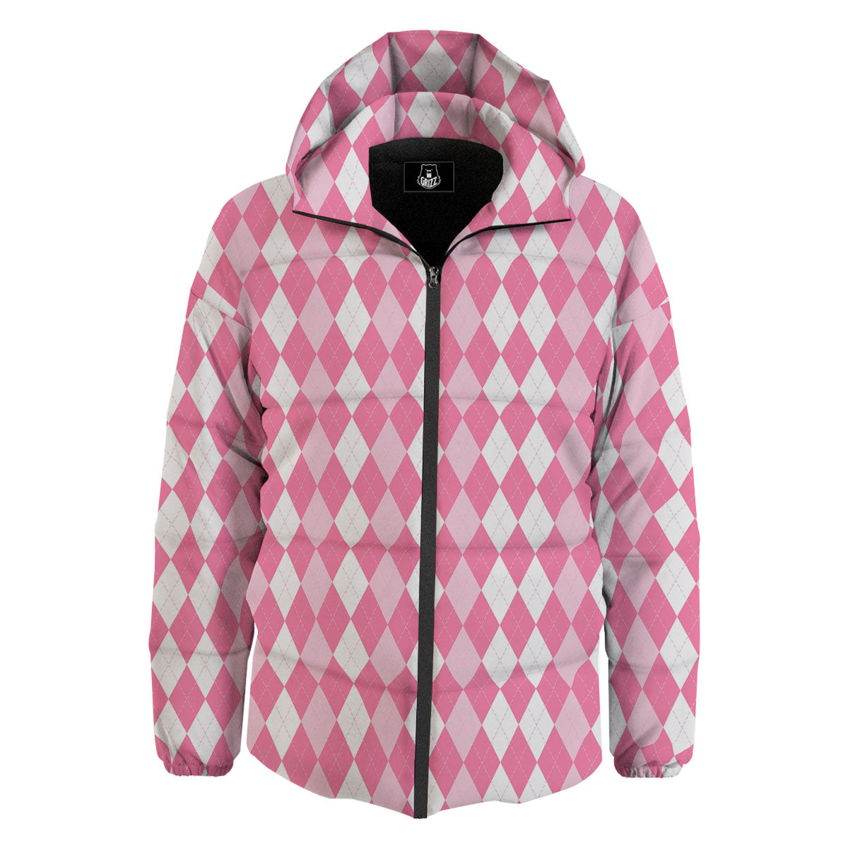 Argyle White And Pink Print Pattern Down Jacket-grizzshop