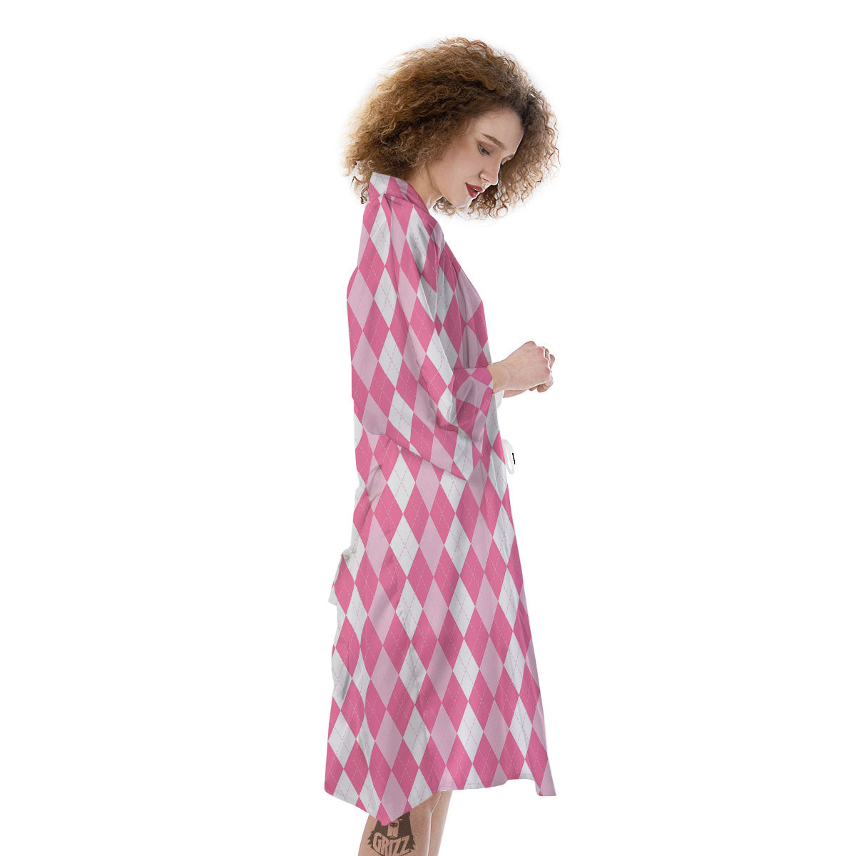 Argyle White And Pink Print Pattern Kimono-grizzshop