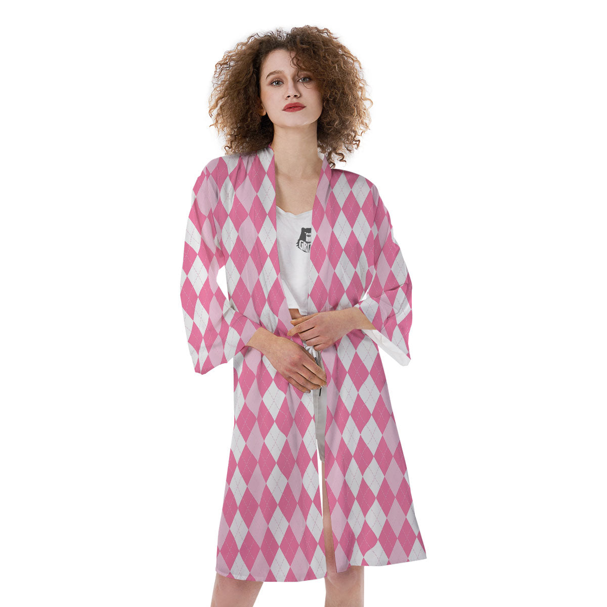 Argyle White And Pink Print Pattern Kimono-grizzshop