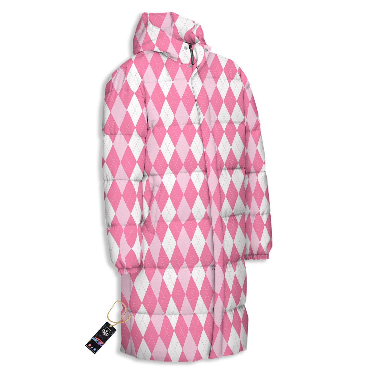 Argyle White And Pink Print Pattern Long Down Jacket-grizzshop
