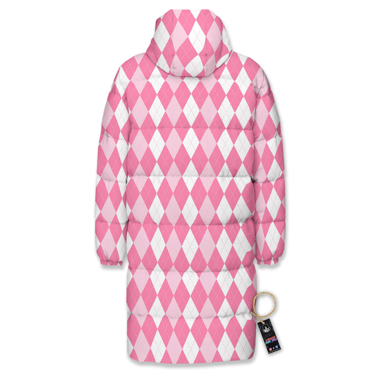 Argyle White And Pink Print Pattern Long Down Jacket-grizzshop