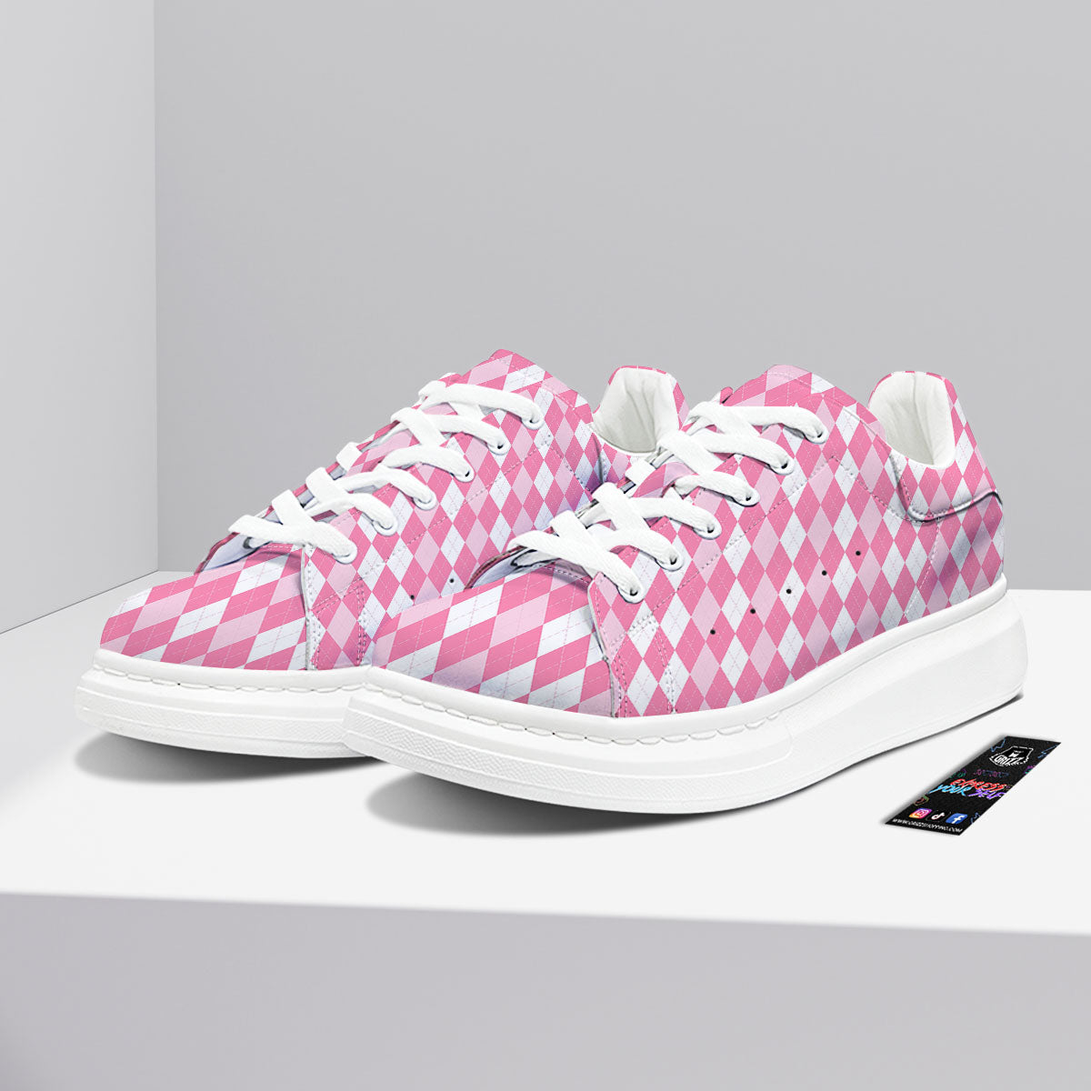 Argyle White And Pink Print Pattern Platform Shoes-grizzshop