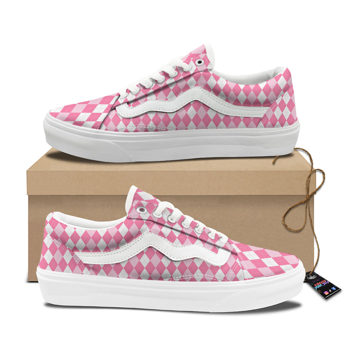 Argyle White And Pink Print Pattern Skate Shoes-grizzshop