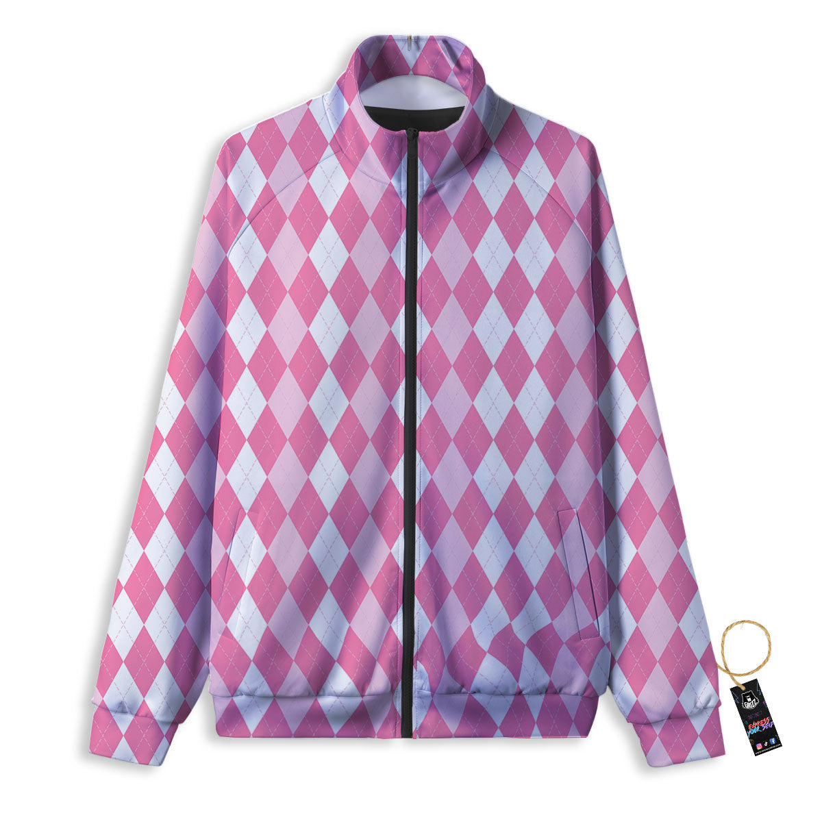 Argyle White And Pink Print Pattern Track Jacket-grizzshop
