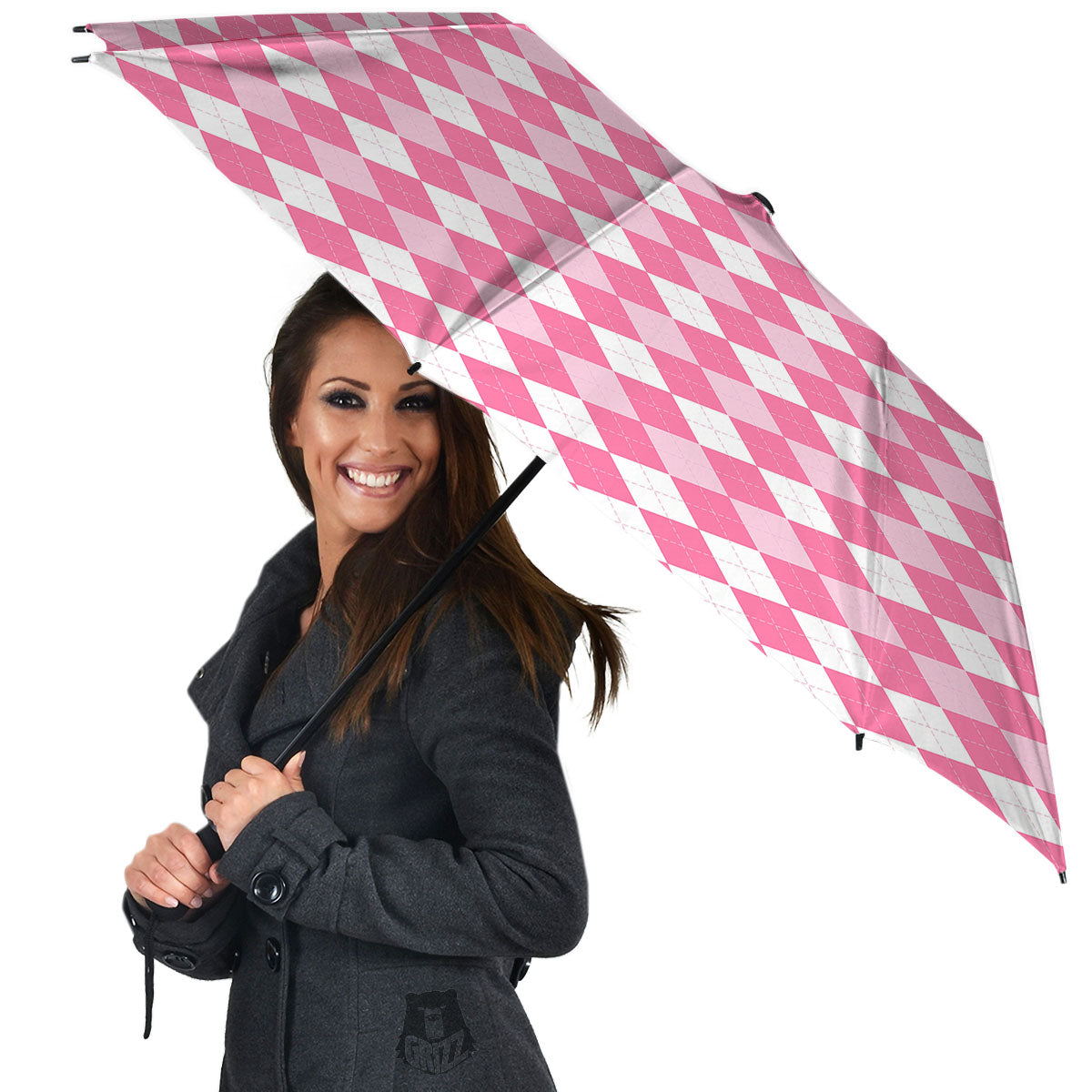 Argyle White And Pink Print Pattern Umbrella-grizzshop