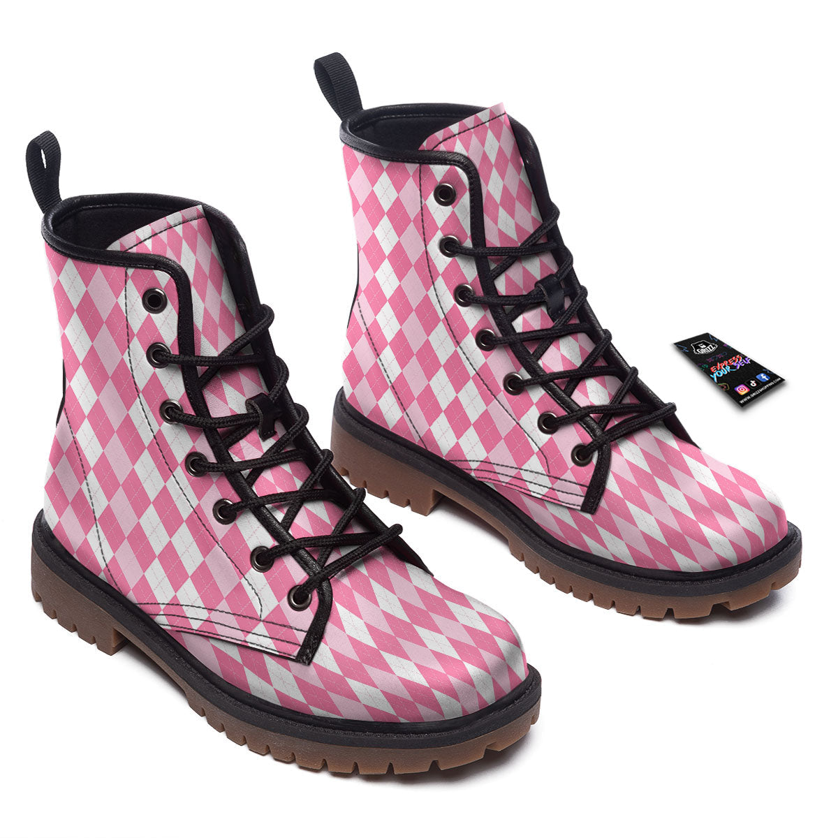 Argyle White And Pink Print Pattern Work Boots-grizzshop