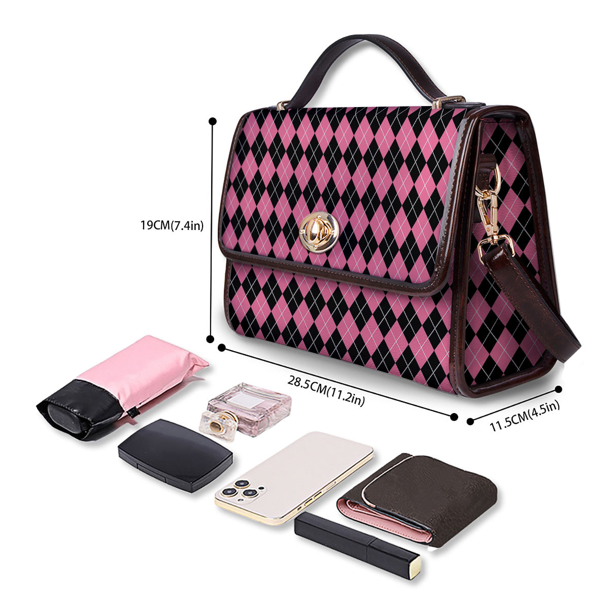 Argyle Black And Pink Print Pattern Women's Satchel Bag
