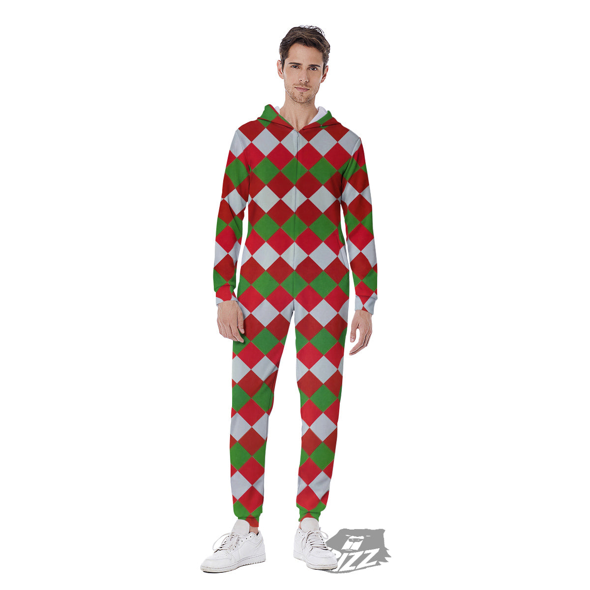 Argyle Christmas Themed Print Pattern Men's Jumpsuit-grizzshop