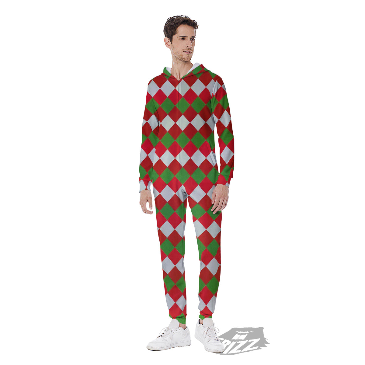 Argyle Christmas Themed Print Pattern Men's Jumpsuit-grizzshop