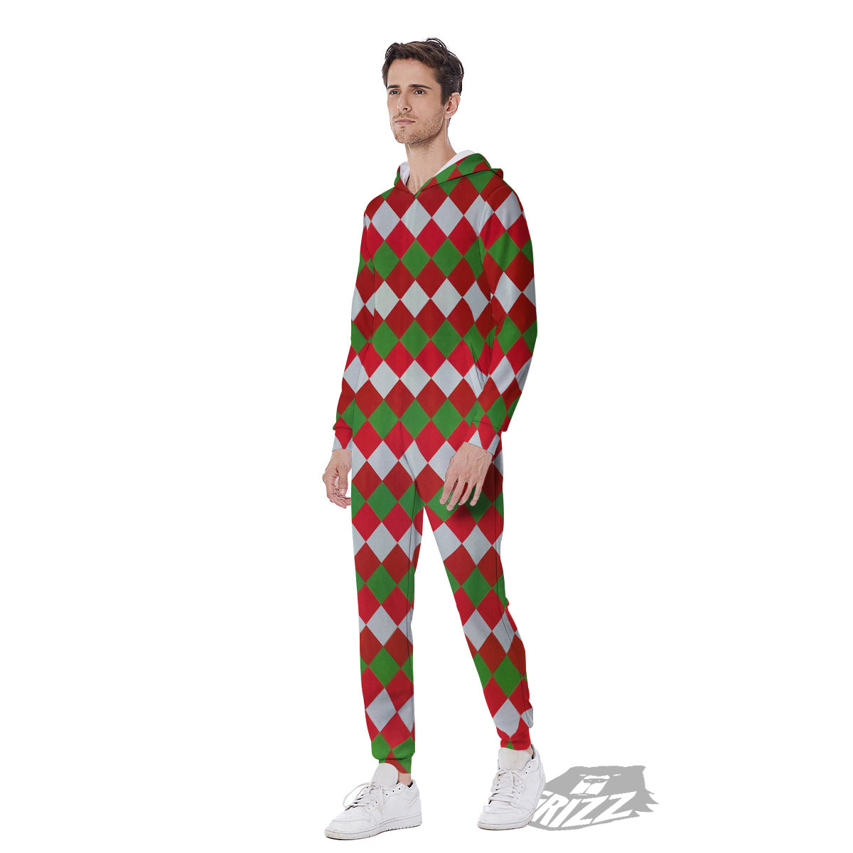 Argyle Christmas Themed Print Pattern Men's Jumpsuit-grizzshop