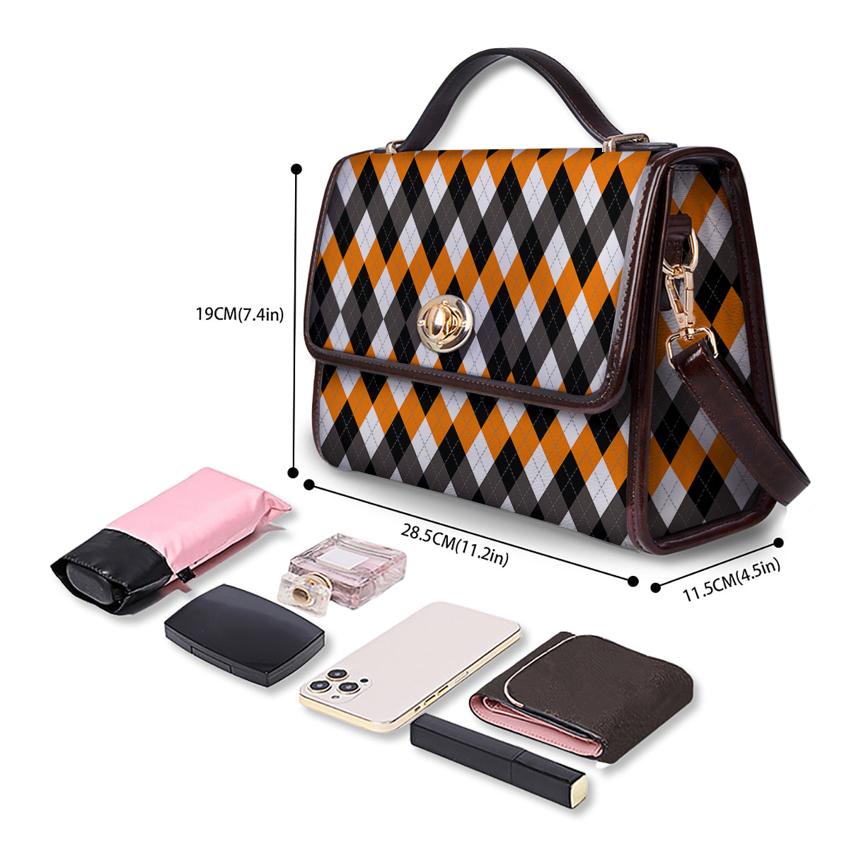 Argyle Orange Black And White Print Pattern Women's Satchel Bag