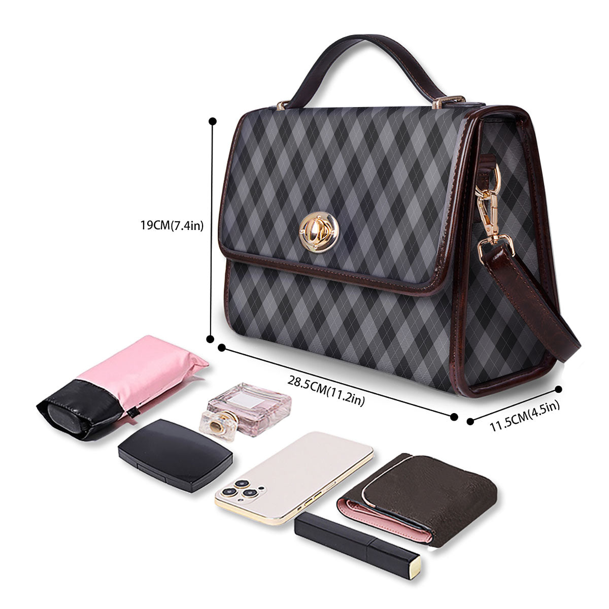 Argyle Shadow Grey Print Pattern Women's Satchel Bag