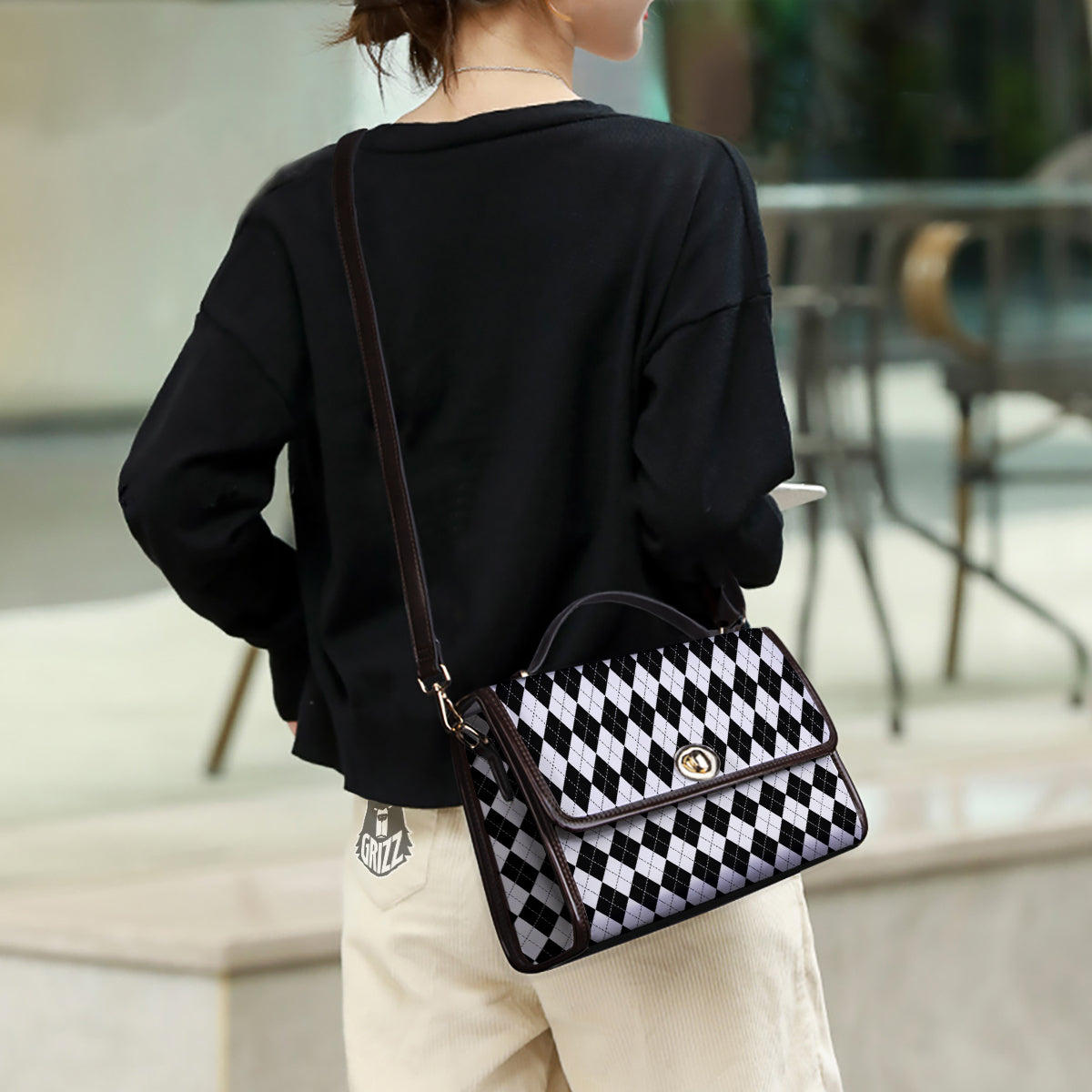 Argyle White And Black Print Pattern Women's Satchel Bag