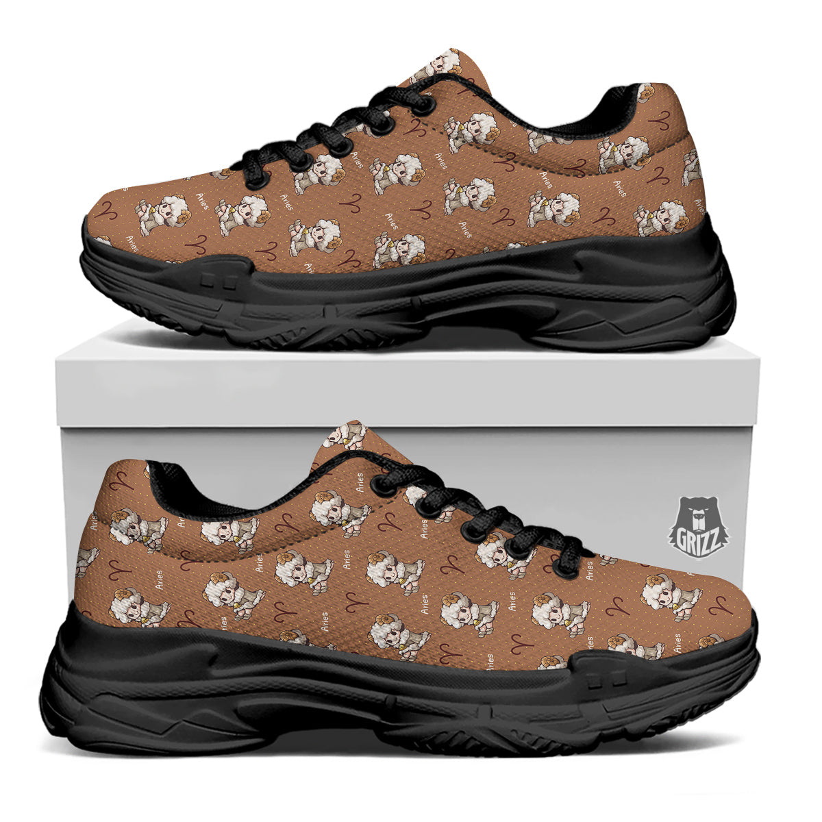 Aries Cute Cartoon Print Pattern Black Chunky Shoes-grizzshop