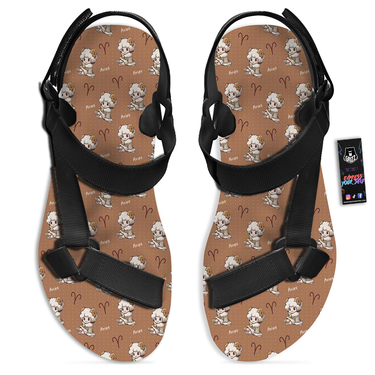 Aries Cute Cartoon Print Pattern Black Open Toe Sandals-grizzshop
