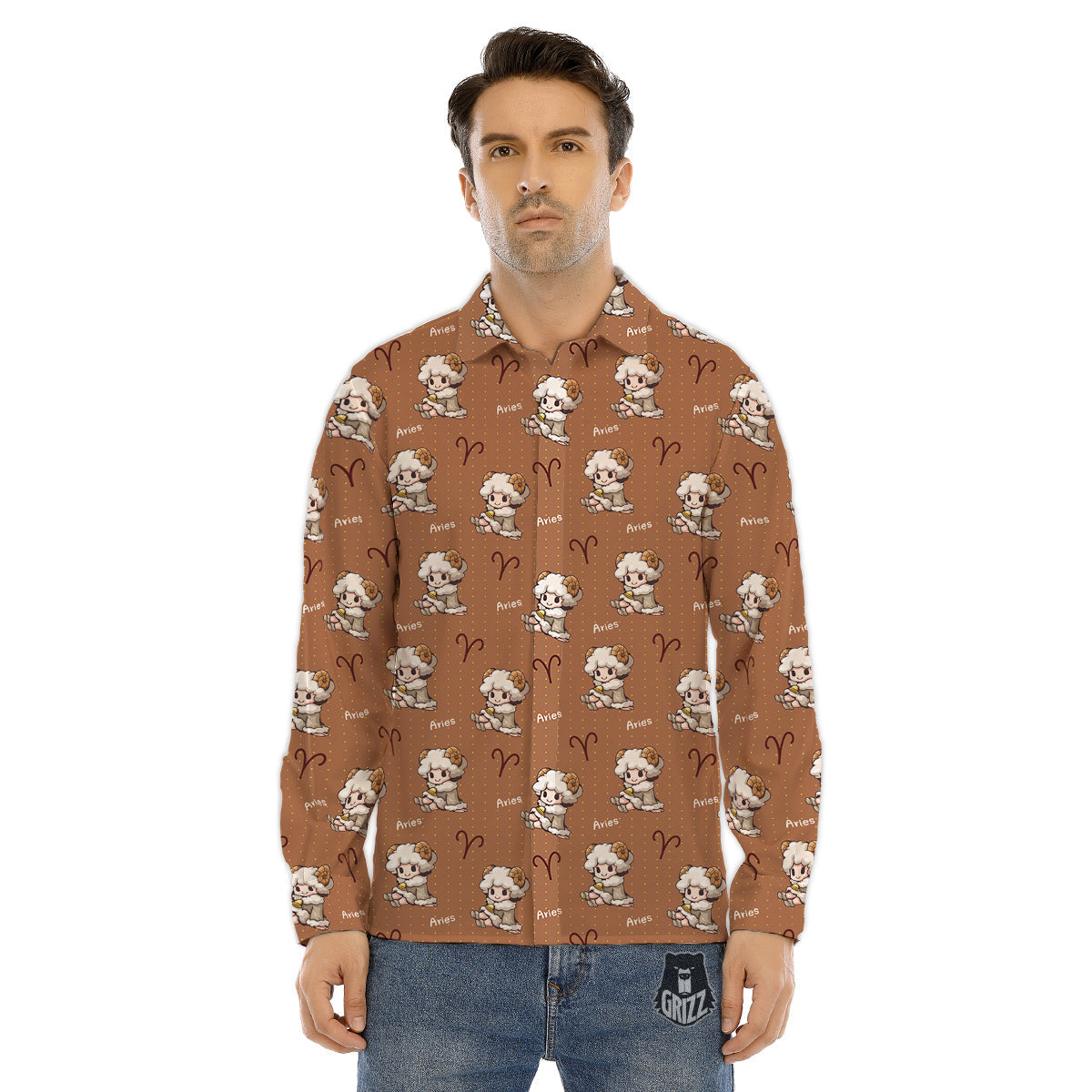 Aries Cute Cartoon Print Pattern Men's Dress Shirts-grizzshop