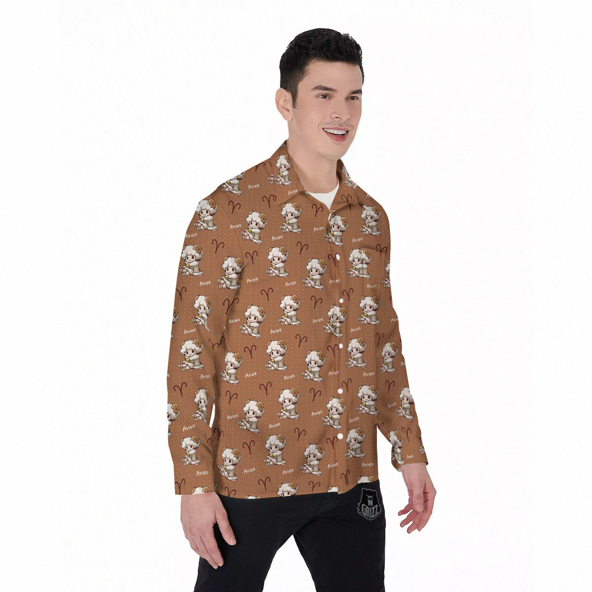 Aries Cute Cartoon Print Pattern Men's Long Sleeve Shirts-grizzshop