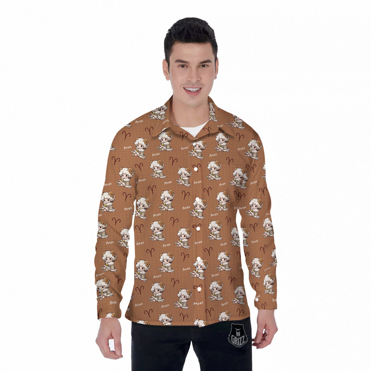 Aries Cute Cartoon Print Pattern Men's Long Sleeve Shirts-grizzshop