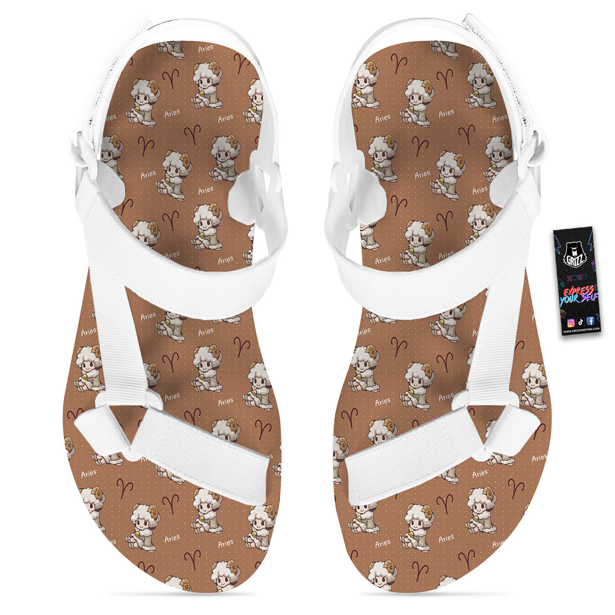 Aries Cute Cartoon Print Pattern White Open Toe Sandals-grizzshop