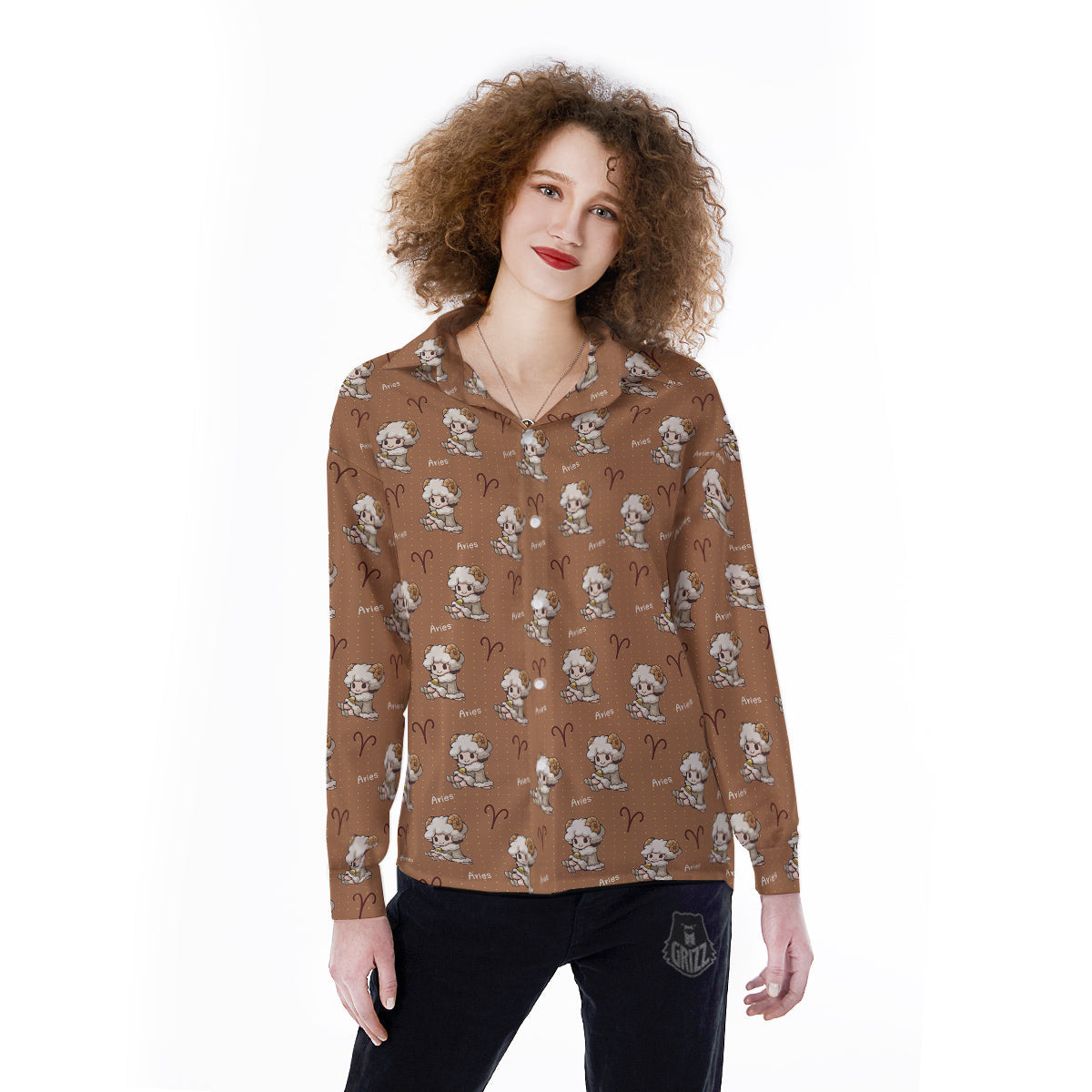 Aries Cute Cartoon Print Pattern Women's Long Sleeve Shirts-grizzshop