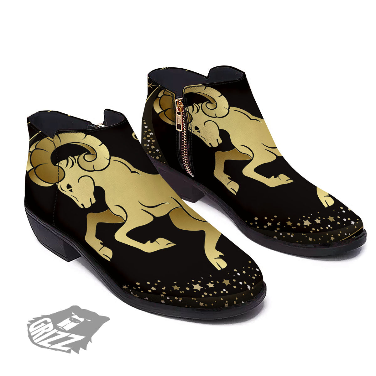 Aries Sign Black And Gold Print Ankle Boots-grizzshop