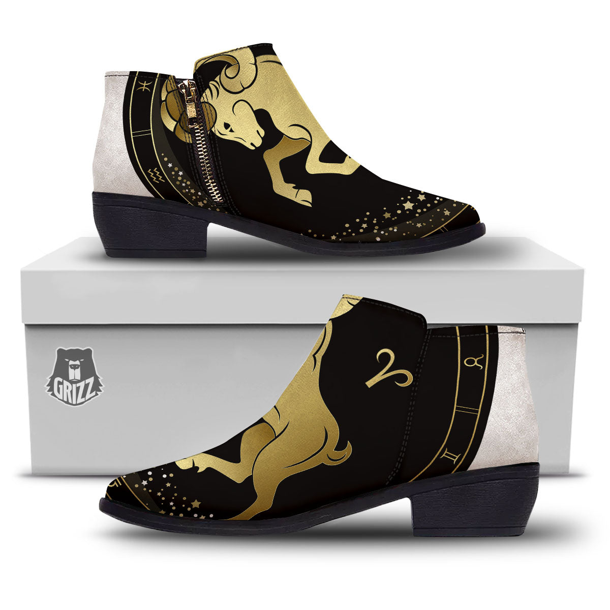 Aries Sign Black And Gold Print Ankle Boots-grizzshop