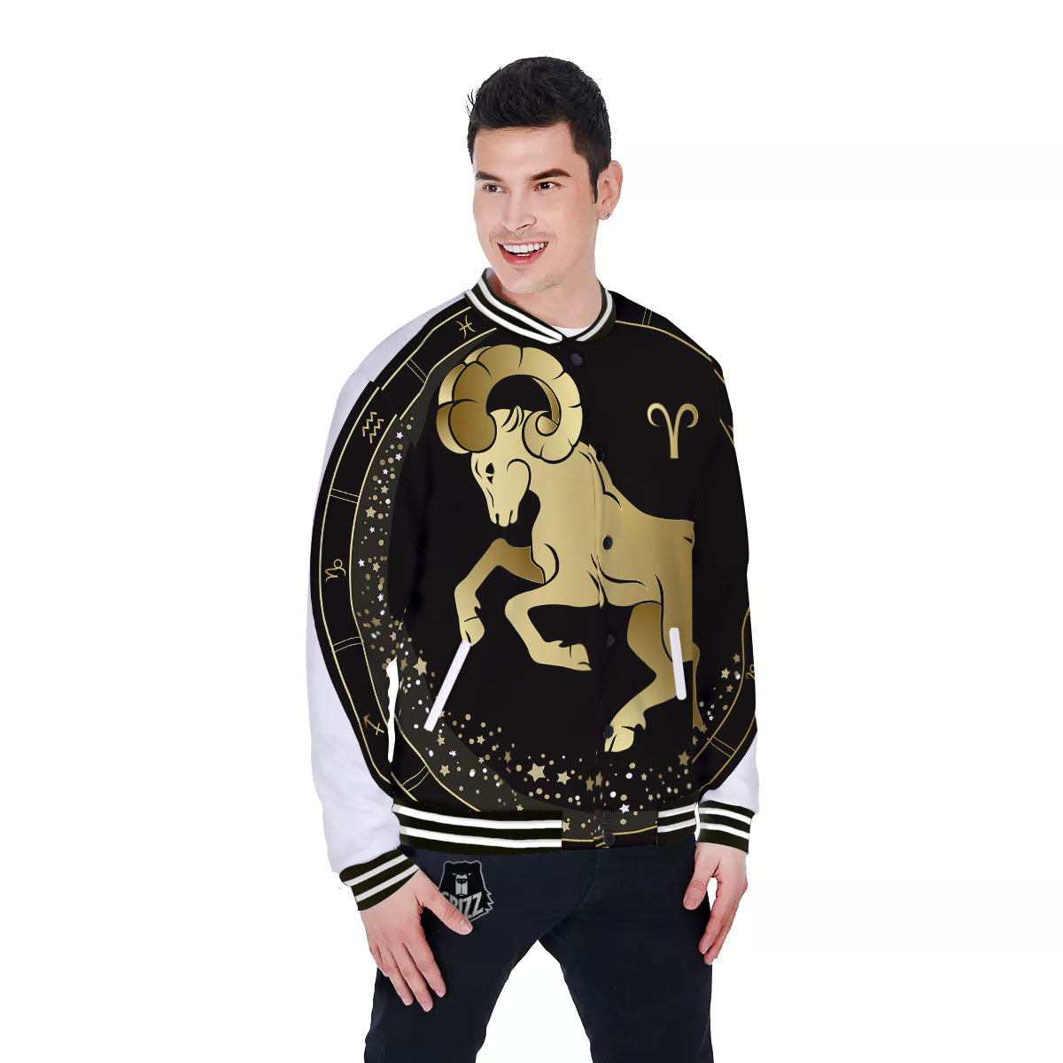 Aries Sign Black And Gold Print Baseball Jacket-grizzshop